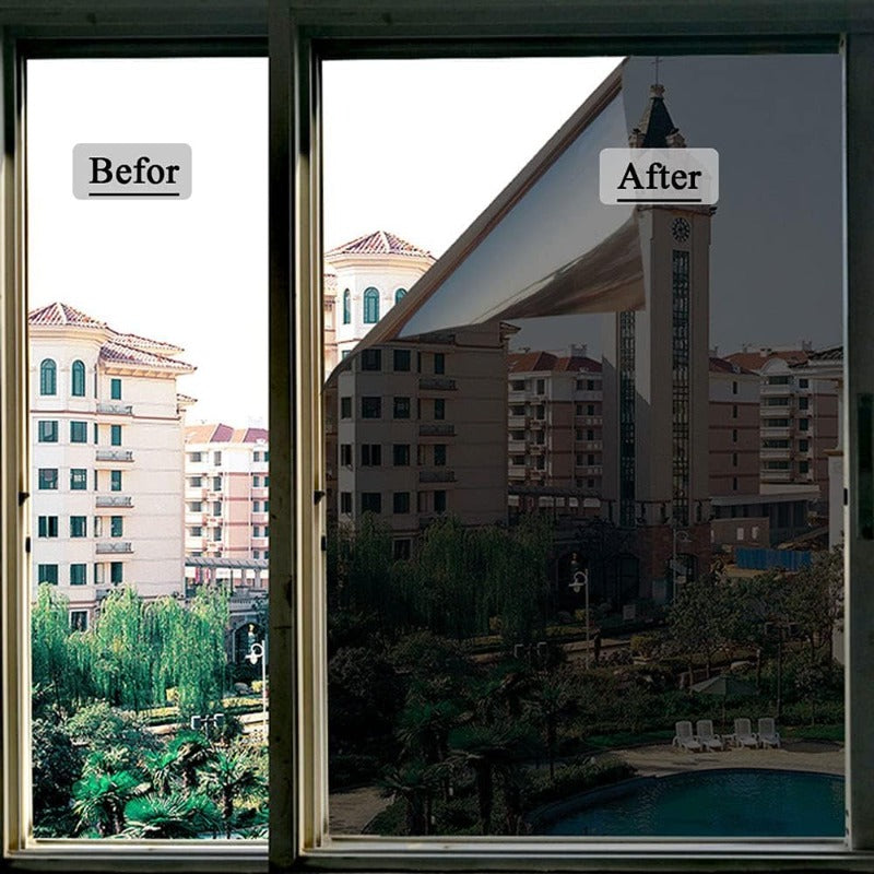 One piece of One Way Window Film designed for Daytime Privacy Protection. It features Electrostatic Self-Adhesive for easy installation on home glass windows. This film also offers Thermal Control and acts as a Mirror Film for Living Room Home Decor.