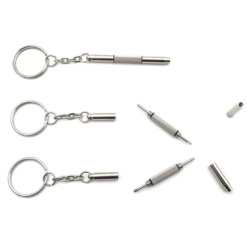 1 piece 3-in-1 portable kit for repairing eyeglasses, sunglasses, and watches with a screwdriver on a keychain.