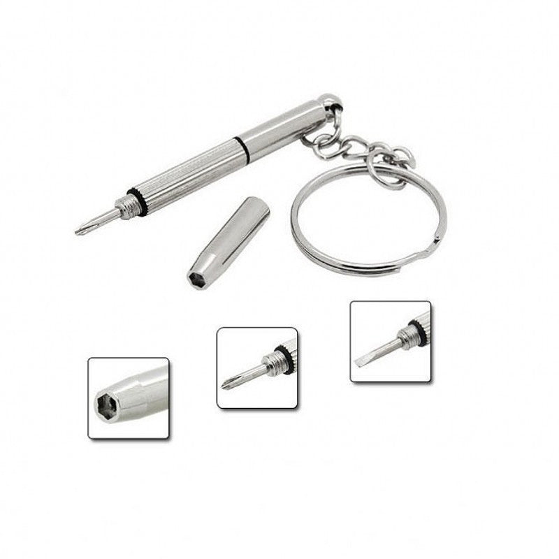 1 piece 3-in-1 portable kit for repairing eyeglasses, sunglasses, and watches with a screwdriver on a keychain.