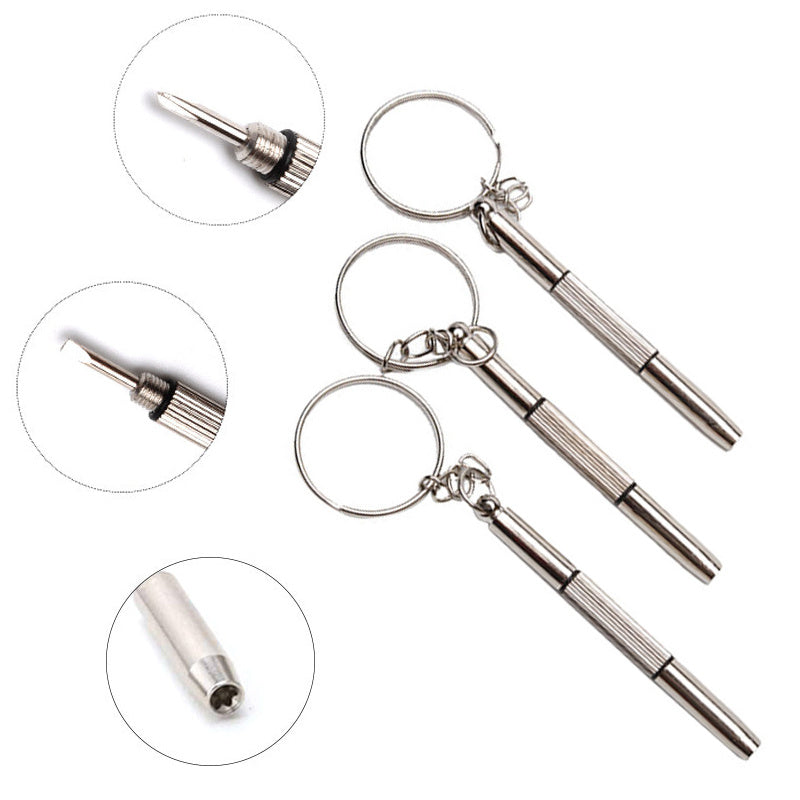 1 piece 3-in-1 portable kit for repairing eyeglasses, sunglasses, and watches with a screwdriver on a keychain.