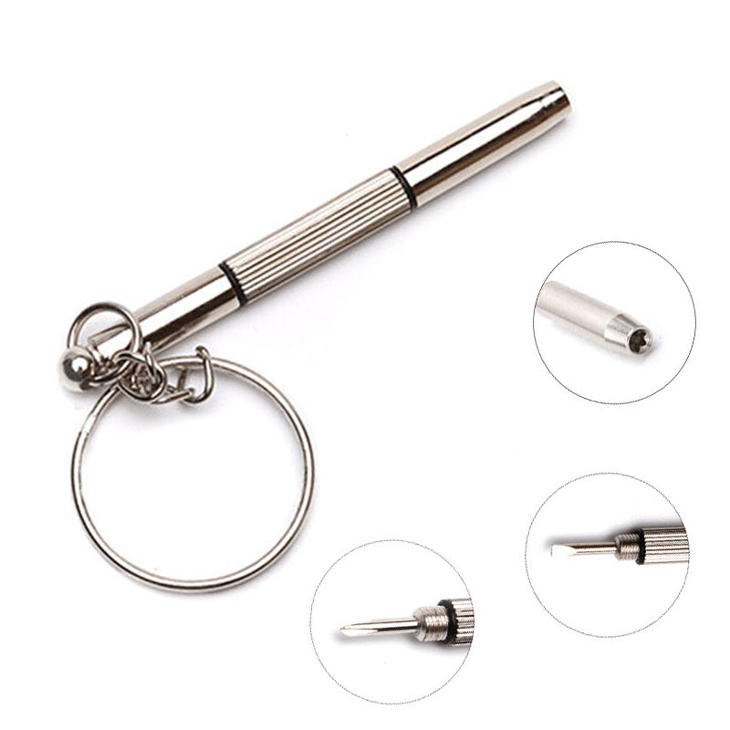 1 piece 3-in-1 portable kit for repairing eyeglasses, sunglasses, and watches with a screwdriver on a keychain.