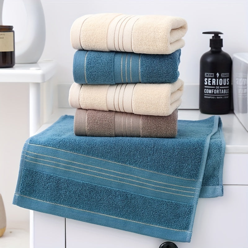 High-quality 100% cotton hand towels with modern striped pattern, 500 GSM, and super absorbent knit fabric. Suitable for bathroom, face, and hair. Perfect for home, hotel souvenirs, and holiday gifts.