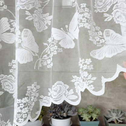 Elegant Art Deco Lace Butterfly Floral Sheer Curtain, made of lightweight 60gsm polyester. Features a rod pocket design for easy installation in the living room or entryway. These romantic jacquard blinds are perfect for all seasons and can be washed