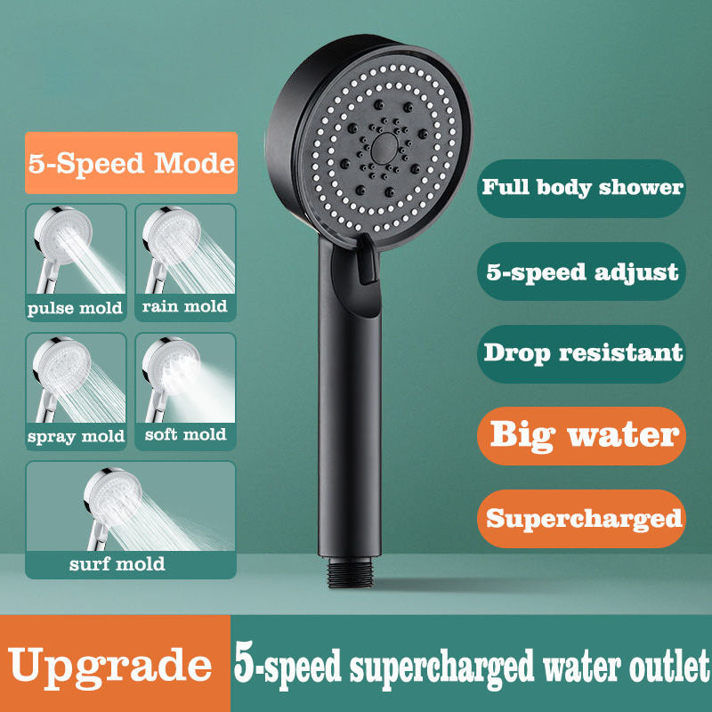 Handheld shower head with 5 spray modes in energy-saving ABS material, wall-mounted and enhances shower experience with various settings.