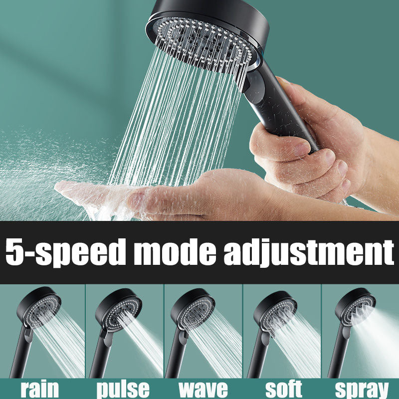 Handheld shower head with 5 spray modes in energy-saving ABS material, wall-mounted and enhances shower experience with various settings.