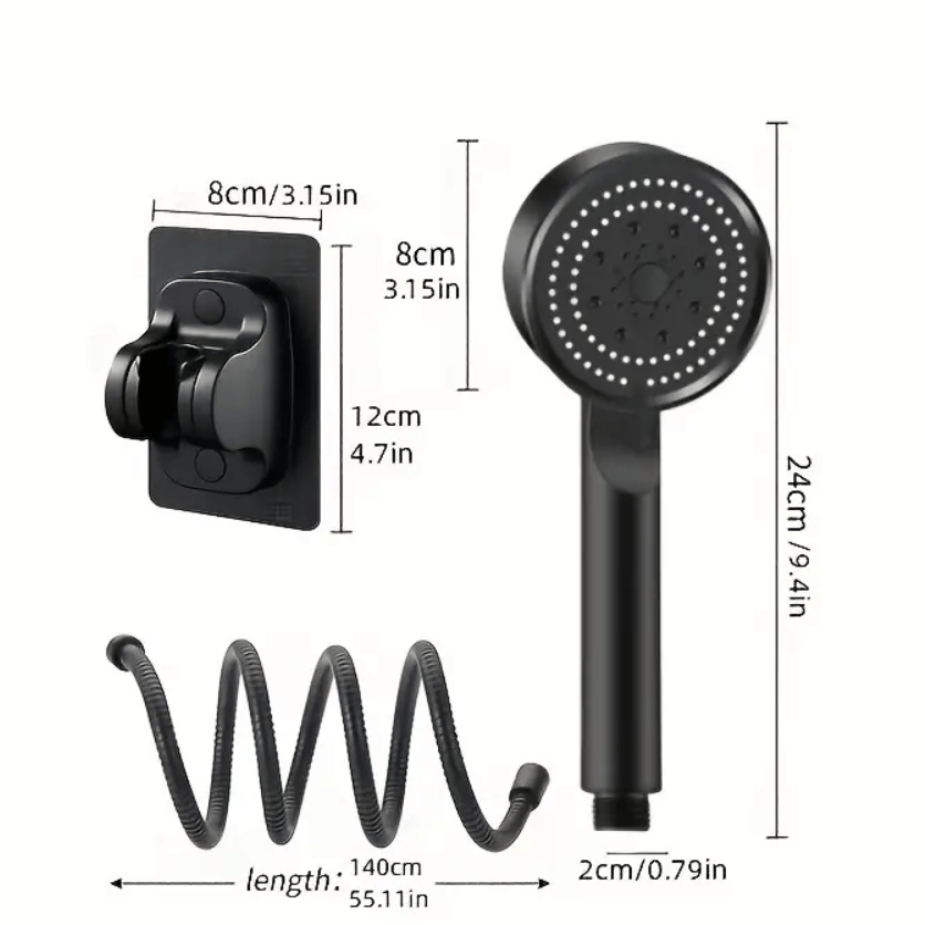 Handheld shower head with 5 spray modes in energy-saving ABS material, wall-mounted and enhances shower experience with various settings.