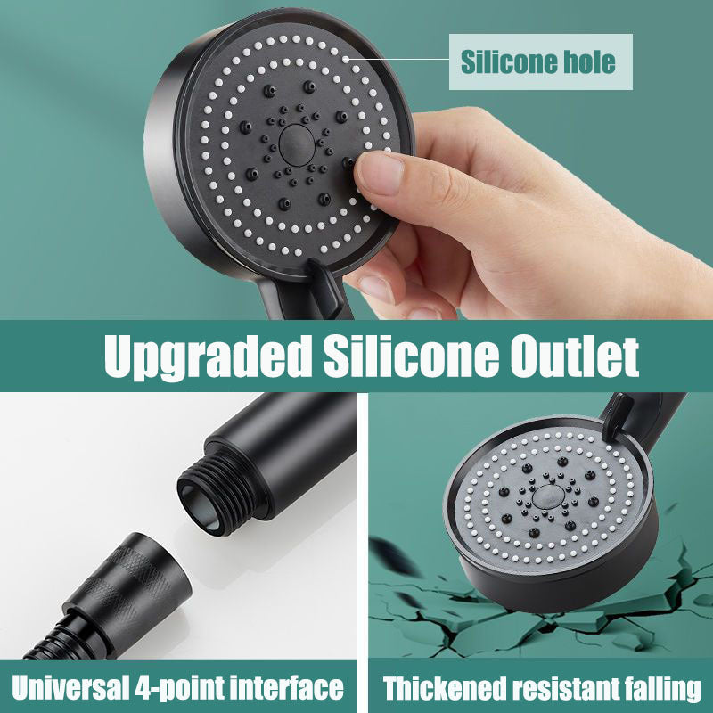 Handheld shower head with 5 spray modes in energy-saving ABS material, wall-mounted and enhances shower experience with various settings.