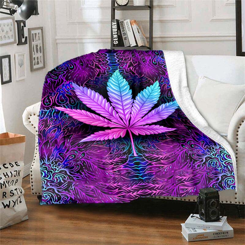 One Purple Psychedelic Maple Leaves Blanket, Lightweight Flannel Throw ideal for Sofa, Bed, Travel, Camping, Livingroom, Office, Couch, Chair, and Bed. This Digital Printing Fleece Blanket features Soft and Warm Flannel Fabric.