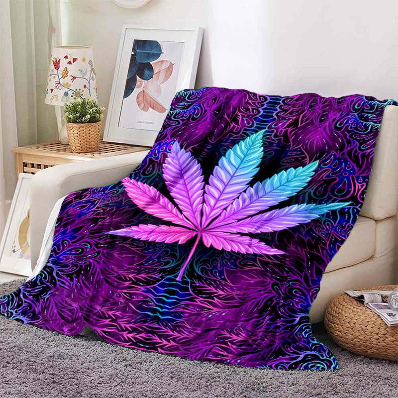 One Purple Psychedelic Maple Leaves Blanket, Lightweight Flannel Throw ideal for Sofa, Bed, Travel, Camping, Livingroom, Office, Couch, Chair, and Bed. This Digital Printing Fleece Blanket features Soft and Warm Flannel Fabric.