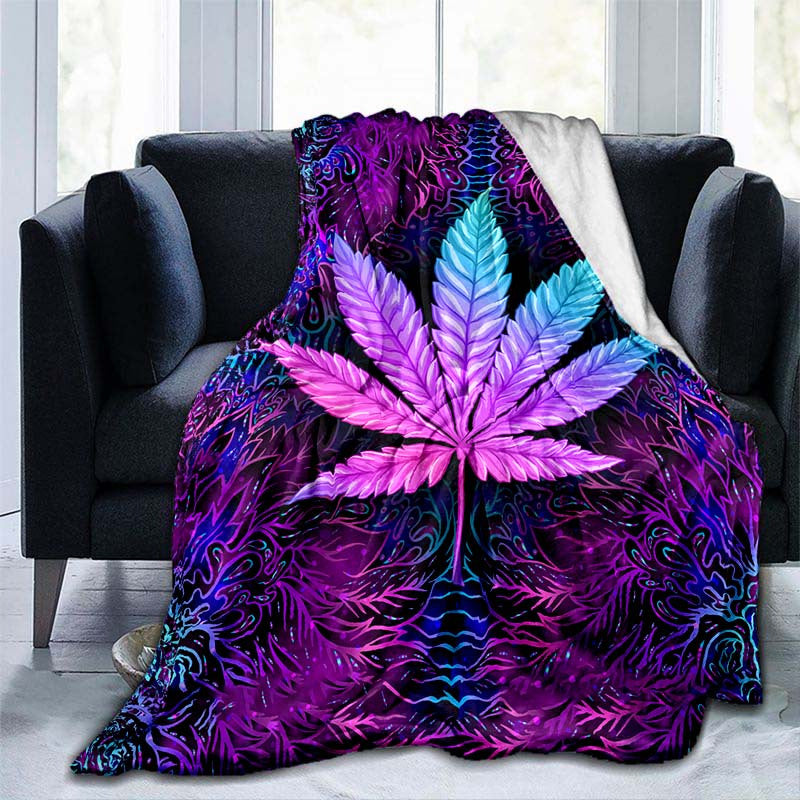 One Purple Psychedelic Maple Leaves Blanket, Lightweight Flannel Throw ideal for Sofa, Bed, Travel, Camping, Livingroom, Office, Couch, Chair, and Bed. This Digital Printing Fleece Blanket features Soft and Warm Flannel Fabric.