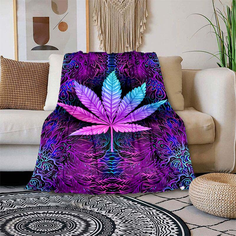 One Purple Psychedelic Maple Leaves Blanket, Lightweight Flannel Throw ideal for Sofa, Bed, Travel, Camping, Livingroom, Office, Couch, Chair, and Bed. This Digital Printing Fleece Blanket features Soft and Warm Flannel Fabric.