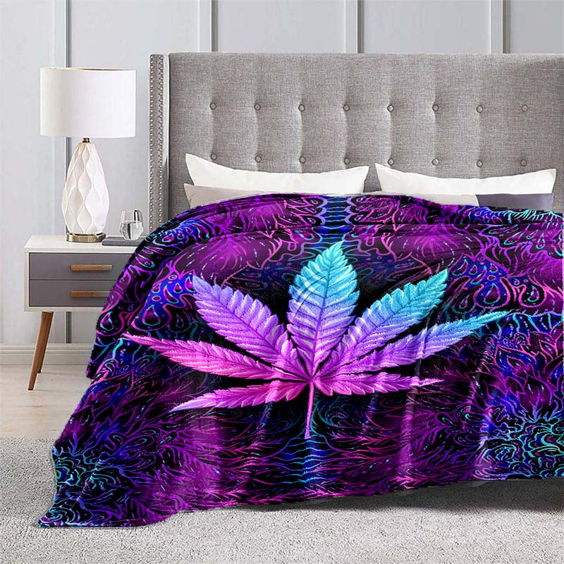 One Purple Psychedelic Maple Leaves Blanket, Lightweight Flannel Throw ideal for Sofa, Bed, Travel, Camping, Livingroom, Office, Couch, Chair, and Bed. This Digital Printing Fleece Blanket features Soft and Warm Flannel Fabric.