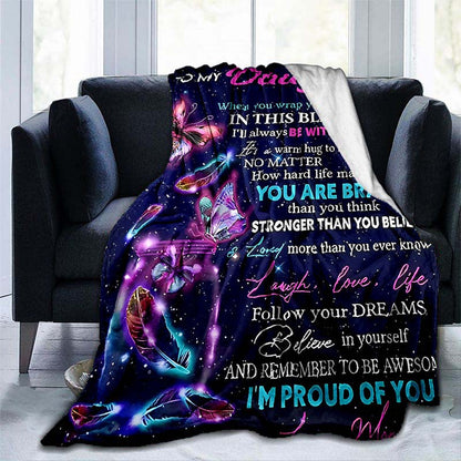 A purple envelope blanket for my daughter, this lightweight flannel throw is perfect for use on the sofa, bed, while traveling, camping, in the living room, office, on the couch, chair, and even in bed. With digital printing on soft and warm flannel