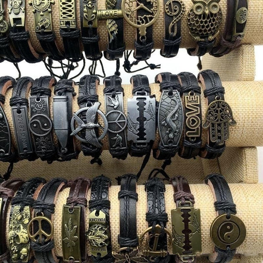 Set of 10 Vintage Cuff Bracelets, Unisex Leather and Metal Handmade Retro Weave Mixed Charm Jewelry Gift