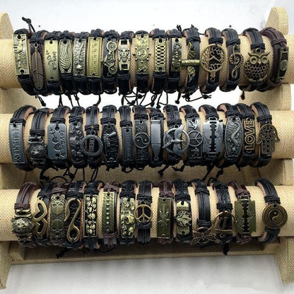 Set of 10 Vintage Cuff Bracelets, Unisex Leather and Metal Handmade Retro Weave Mixed Charm Jewelry Gift