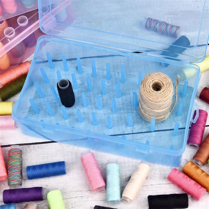 Plastic sewing threads box with bobbins and needle spool organizer. Transparent case for DIY sewing.