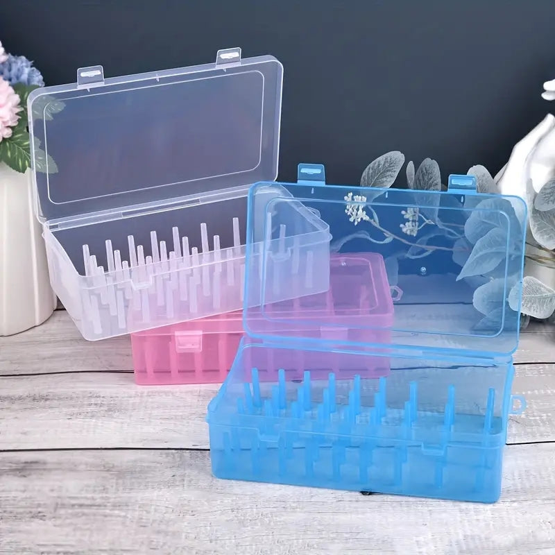 Plastic sewing threads box with bobbins and needle spool organizer. Transparent case for DIY sewing.