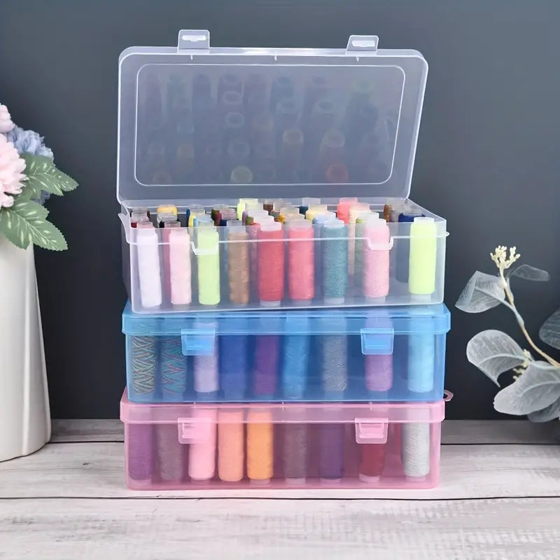 Plastic sewing threads box with bobbins and needle spool organizer. Transparent case for DIY sewing.