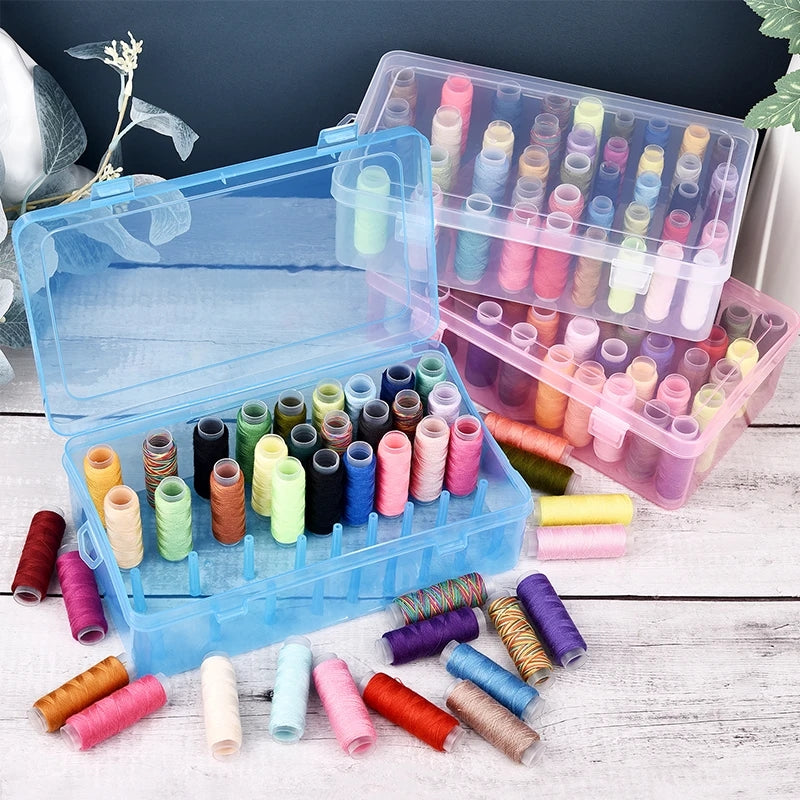 Plastic sewing threads box with bobbins and needle spool organizer. Transparent case for DIY sewing.