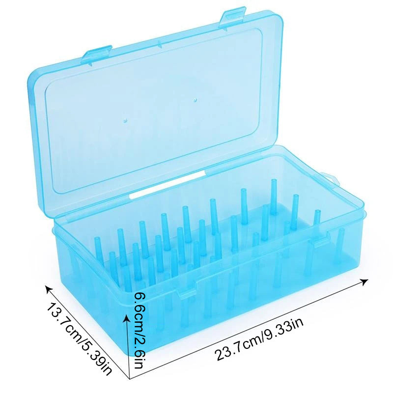 Plastic sewing threads box with bobbins and needle spool organizer. Transparent case for DIY sewing.