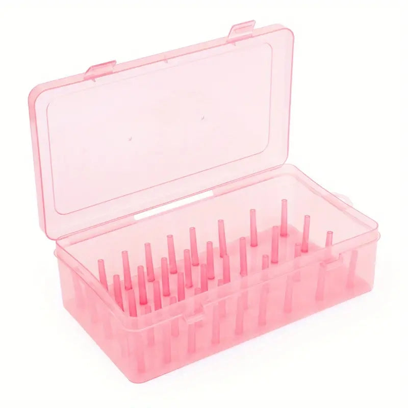 Plastic sewing threads box with bobbins and needle spool organizer. Transparent case for DIY sewing.