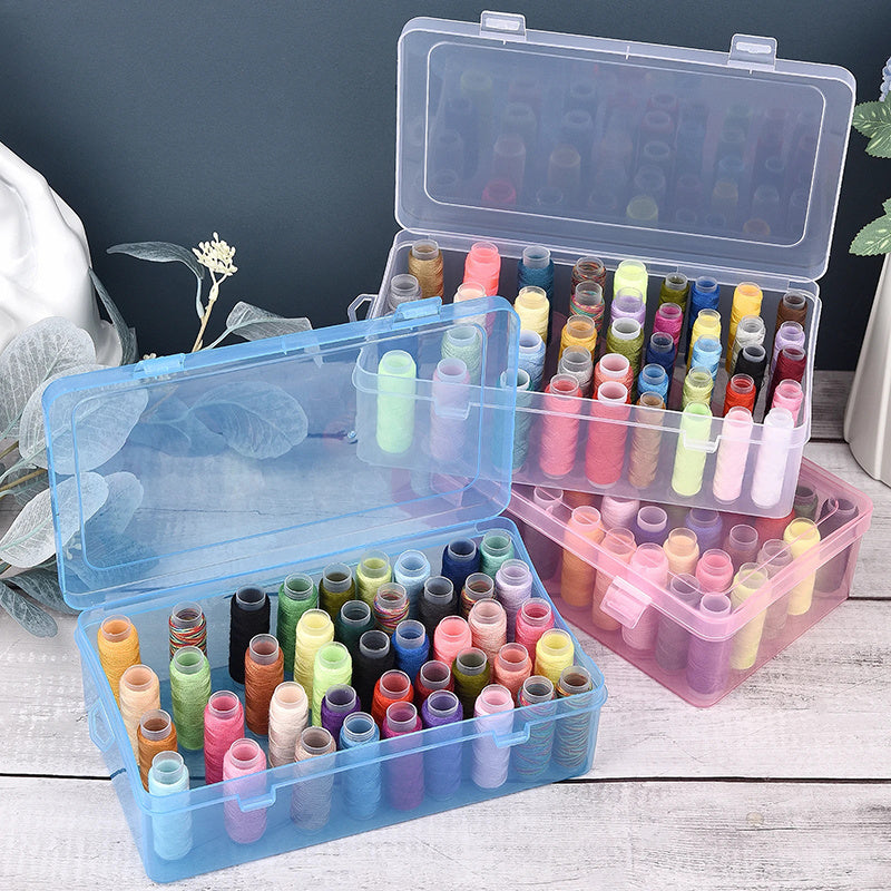 Plastic sewing threads box with bobbins and needle spool organizer. Transparent case for DIY sewing.