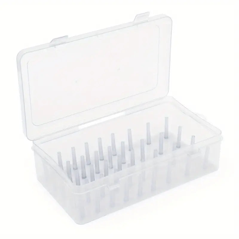 Plastic sewing threads box with bobbins and needle spool organizer. Transparent case for DIY sewing.