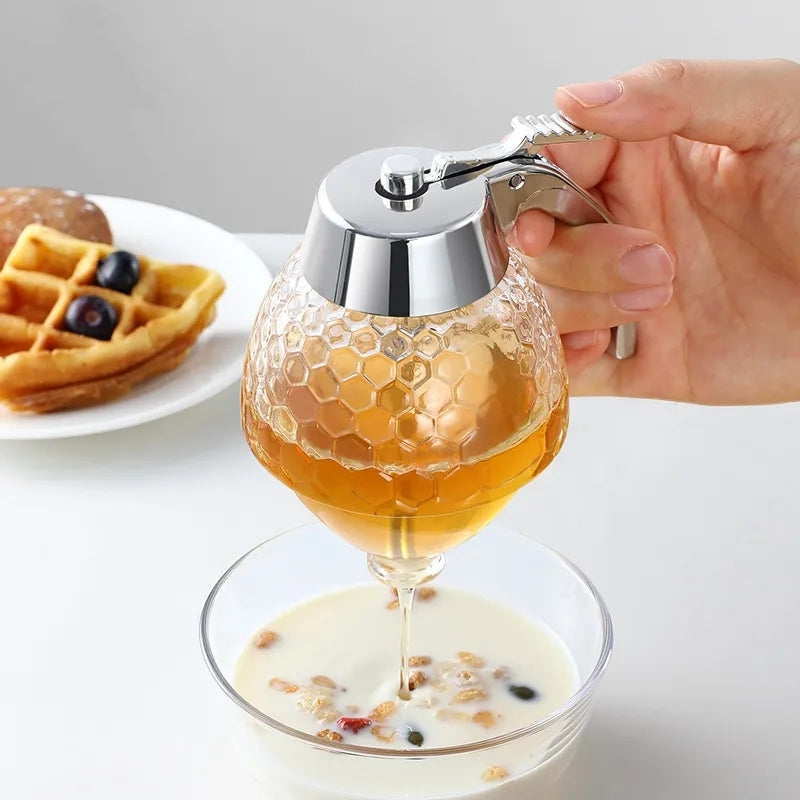 ABS Honey Dispenser with Honeycomb Design, Food-Safe Storage Jar for Liquid Sauces, Oils, Juices, and Syrups. Includes Squeeze Bottle for Easy Dispensing. Perfect Kitchen Bar Organizer, No Electricity Required.