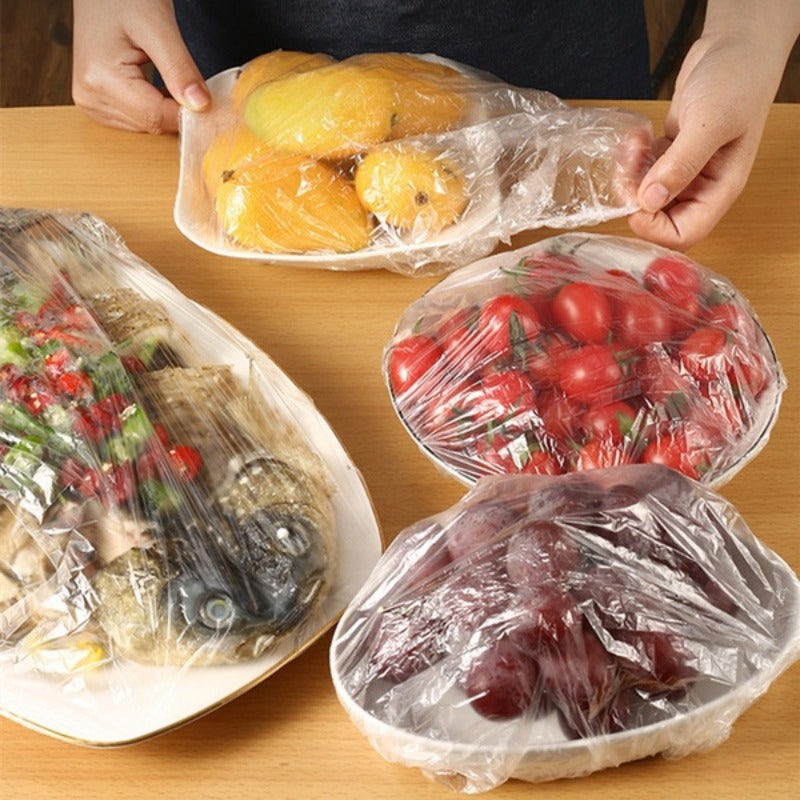 100 reusable stretch storage bags for household kitchen use, including disposable plastic wrap bags, leftovers cover, bowl cover, dish cover, and shower cap. These kitchen accessories are perfect for keeping your food fresh and organized.