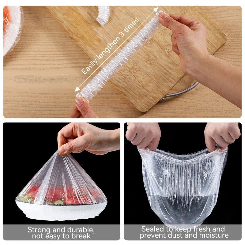 100 reusable stretch storage bags for household kitchen use, including disposable plastic wrap bags, leftovers cover, bowl cover, dish cover, and shower cap. These kitchen accessories are perfect for keeping your food fresh and organized.