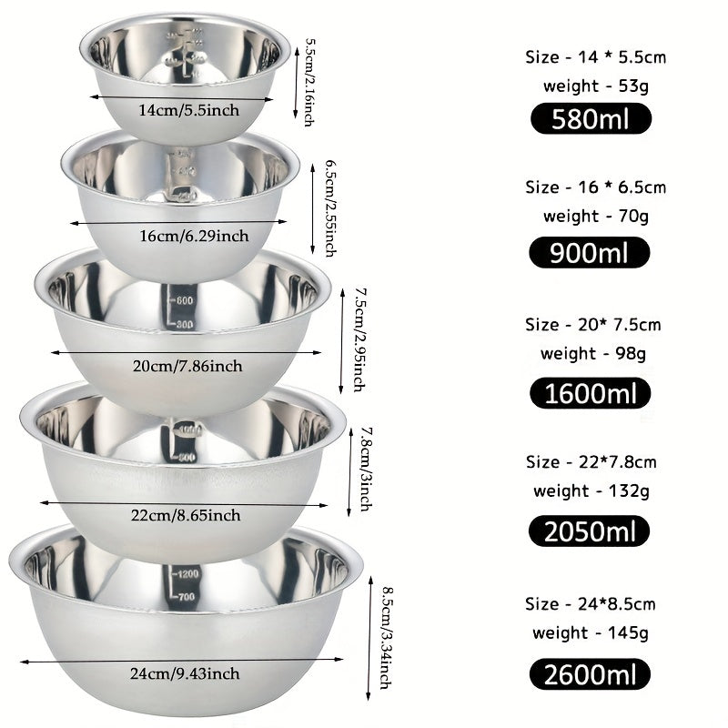 Set of 5 stainless steel mixing bowls with non-slip bottoms - Ideal for cooking and baking in the kitchen - Nesting design for convenient storage.