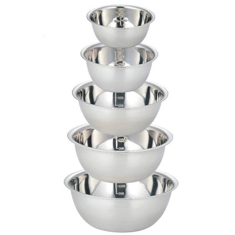 Set of 5 stainless steel mixing bowls with non-slip bottoms - Ideal for cooking and baking in the kitchen - Nesting design for convenient storage.