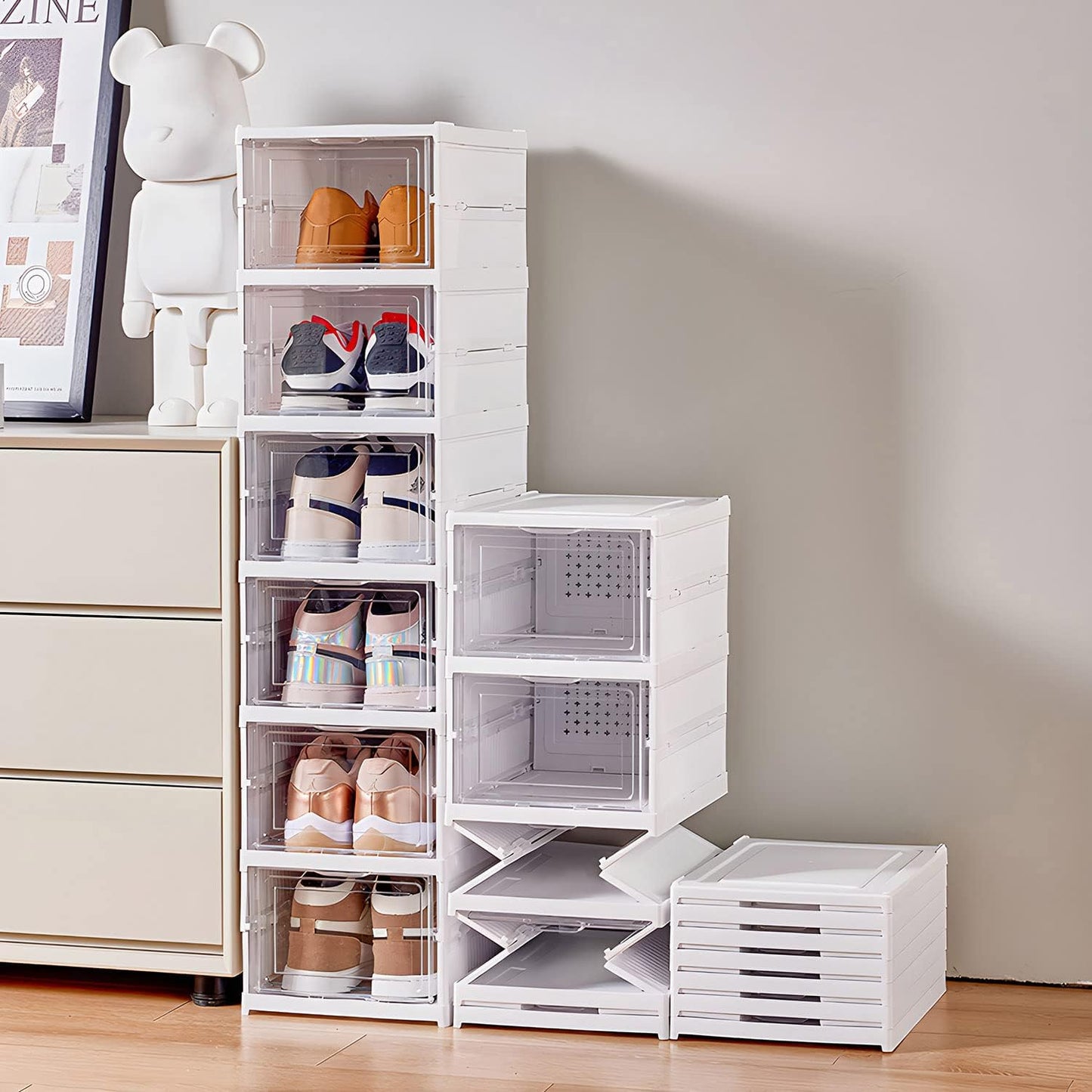 6-Tier stackable shoe storage box set with easy-access drop front, waterproof clear plastic bins. No assembly required, perfect for closet & entryway.