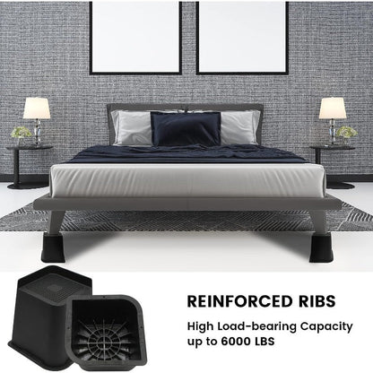 The set includes 4 rectangle adjustable risers blocks for bed, sofa, desk, table, and chair legs. The fridge can be lifted to various heights of 2, 3, 4, 6, and 20.32 cm. These heavy-duty supports can hold up to 2721.55KG and are in a black L shape