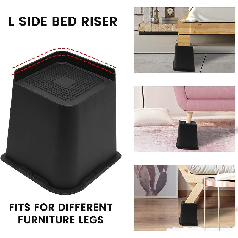 The set includes 4 rectangle adjustable risers blocks for bed, sofa, desk, table, and chair legs. The fridge can be lifted to various heights of 2, 3, 4, 6, and 20.32 cm. These heavy-duty supports can hold up to 2721.55KG and are in a black L shape