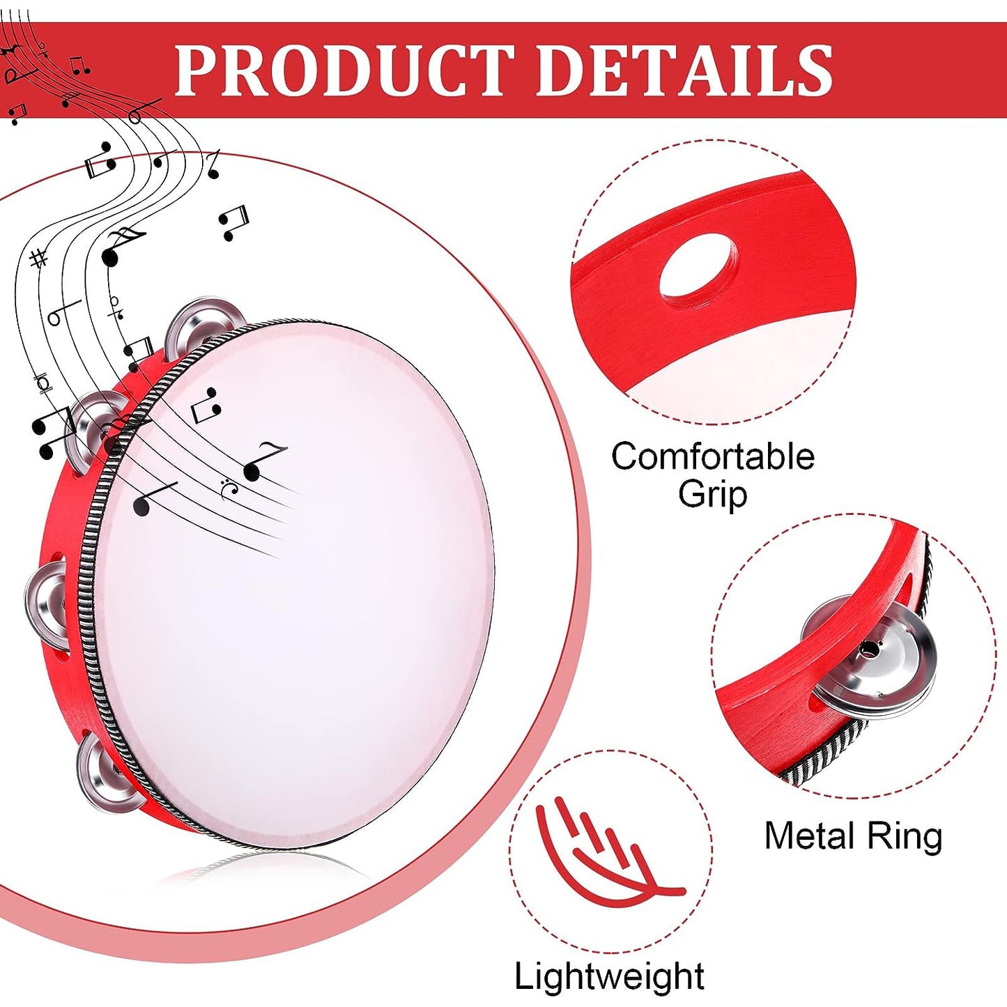 Red wooden handheld tambourine with metal jingles in 4 sizes, ideal for adults. Great for music education and rhythm percussion at church parties.