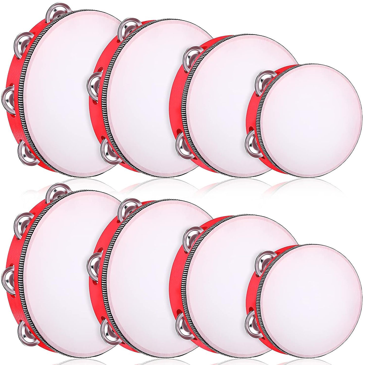 Red wooden handheld tambourine with metal jingles in 4 sizes, ideal for adults. Great for music education and rhythm percussion at church parties.