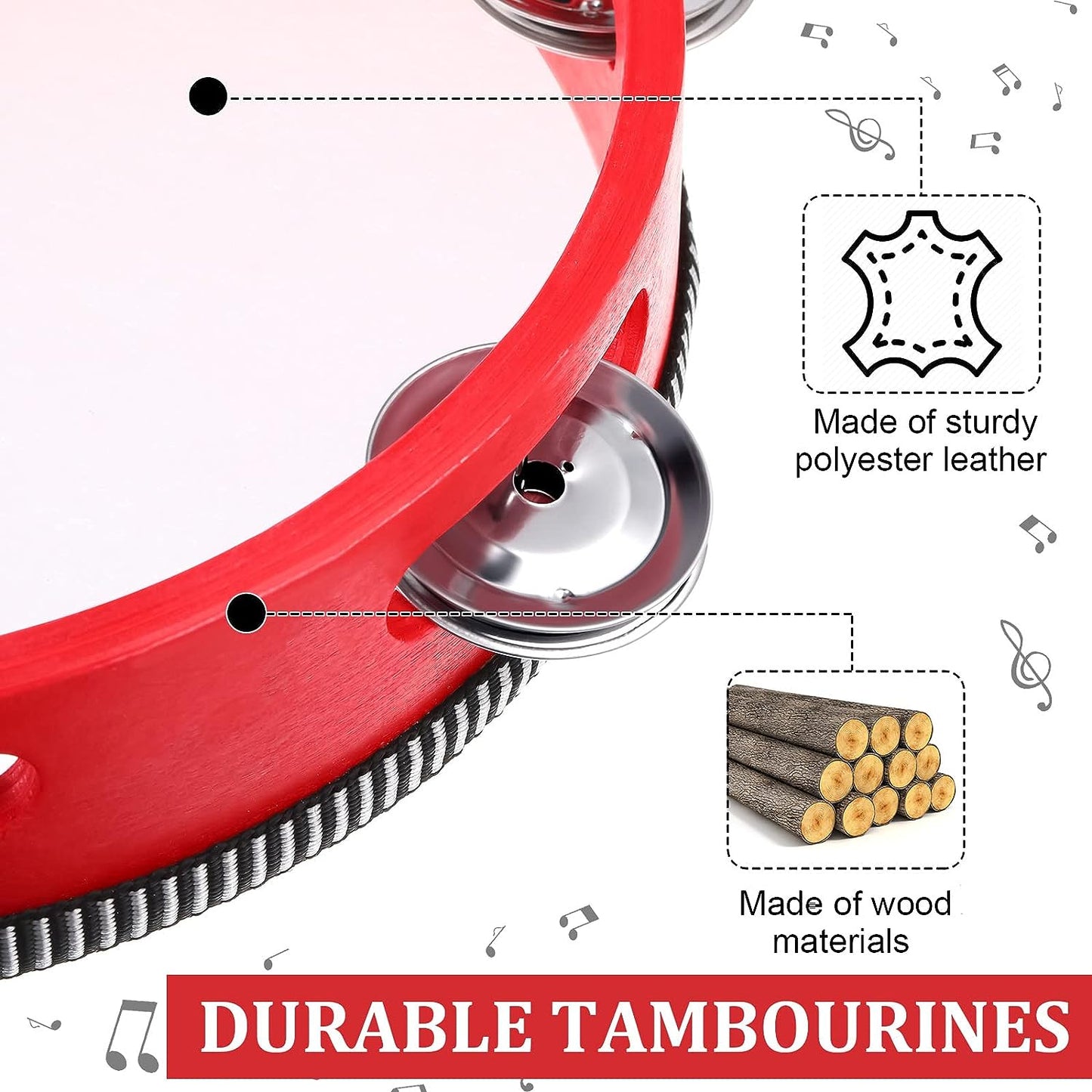 Red wooden handheld tambourine with metal jingles in 4 sizes, ideal for adults. Great for music education and rhythm percussion at church parties.