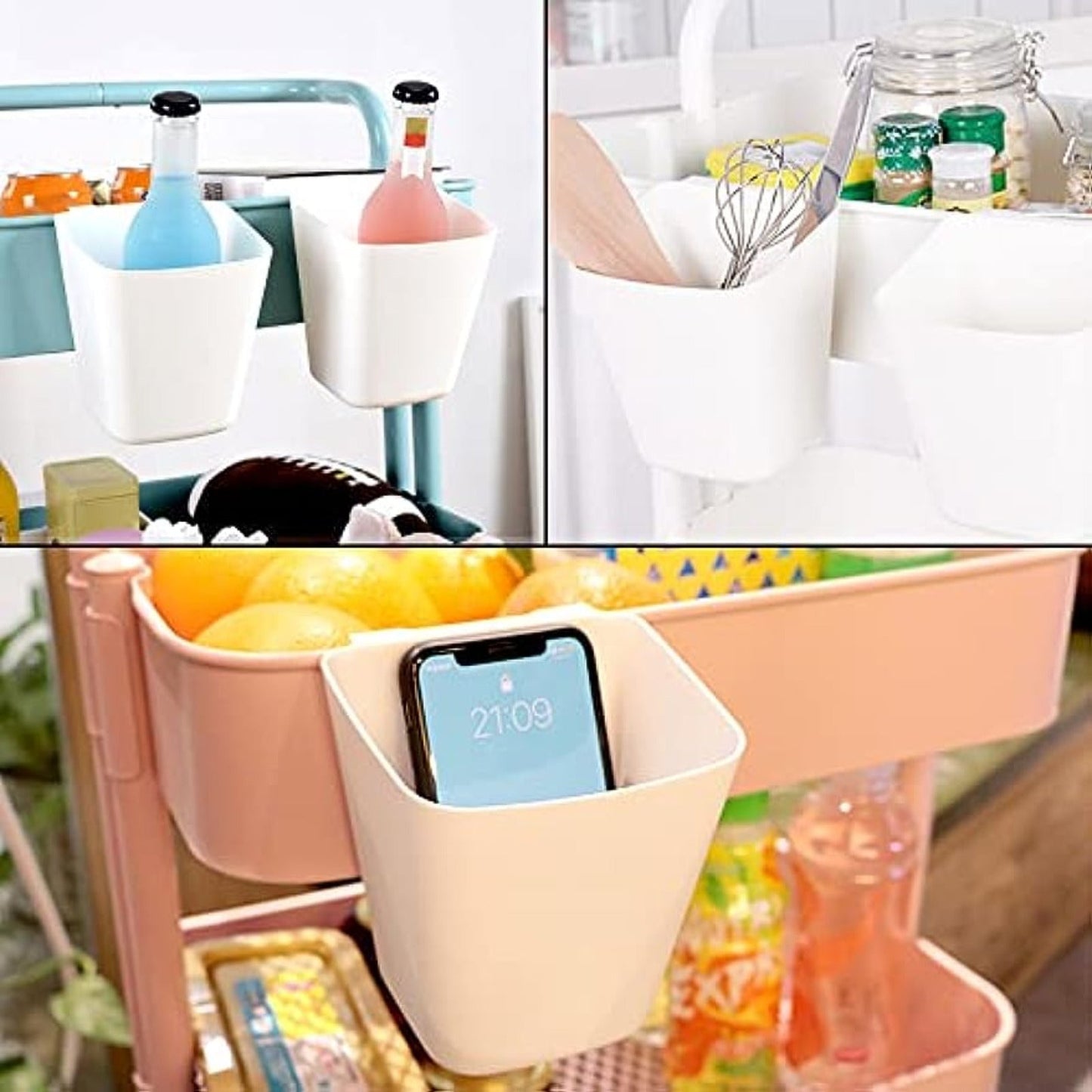 Hanging cup holder, storage basket, and rolling cart accessories set includes 5 pieces for organizing your home kitchen supplies.