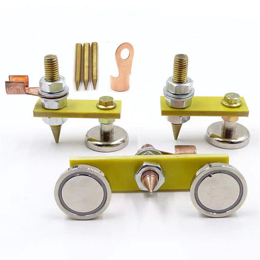 QvamillT Heavy-Duty Magnetic Welding Ground Clamp, Dual Head Design with Copper Tail, 3kg Pull Capacity, Green Insulation Wild Disk, Ideal for Sheet Metal Work.