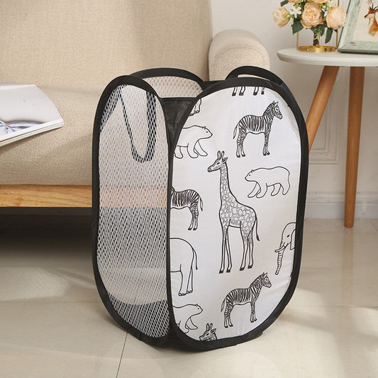 Animal print hamper with handles, foldable and sturdy, ideal for organizing and storing clothes or toys. Versatile storage solution for any room in the house. Perfect for laundry or adding a decorative touch to your space.