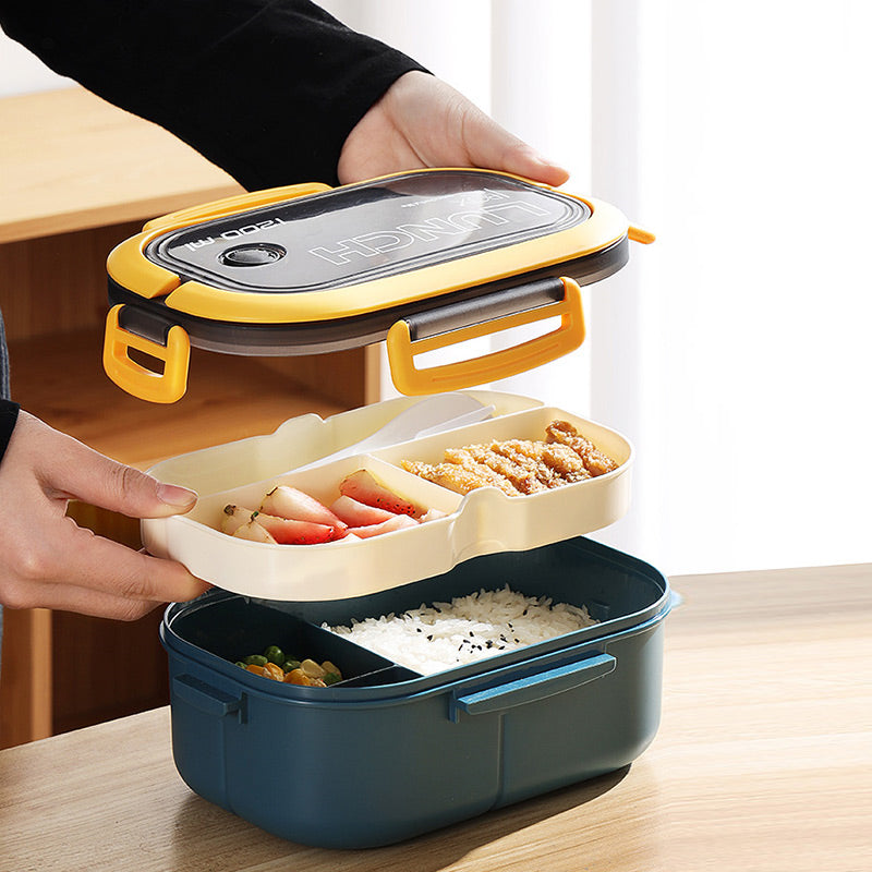 Two-Layer Bento Lunch Box with Fork and Spoon - 1200ml Capacity, Suitable for Microwaving, Ideal for Students and Office Workers, Made with Fresh-Keeping Plastic