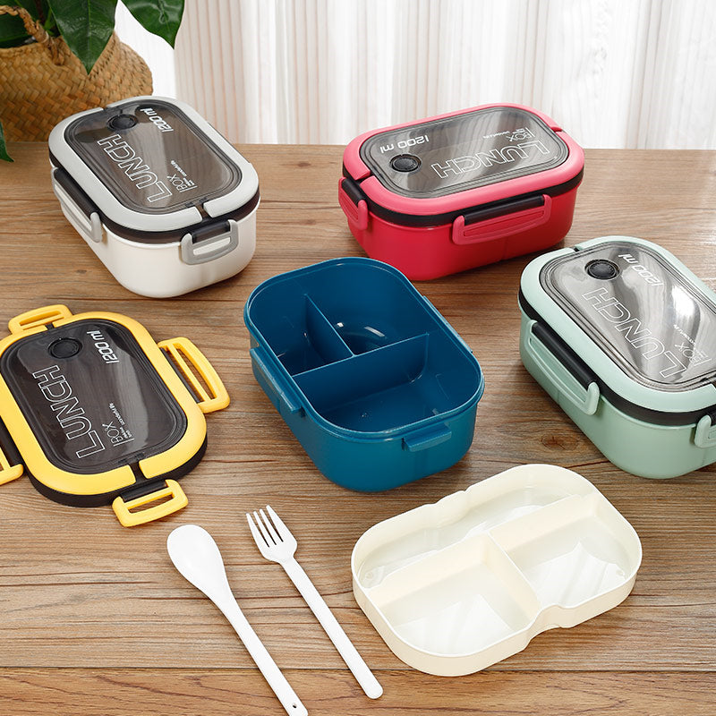 Two-Layer Bento Lunch Box with Fork and Spoon - 1200ml Capacity, Suitable for Microwaving, Ideal for Students and Office Workers, Made with Fresh-Keeping Plastic