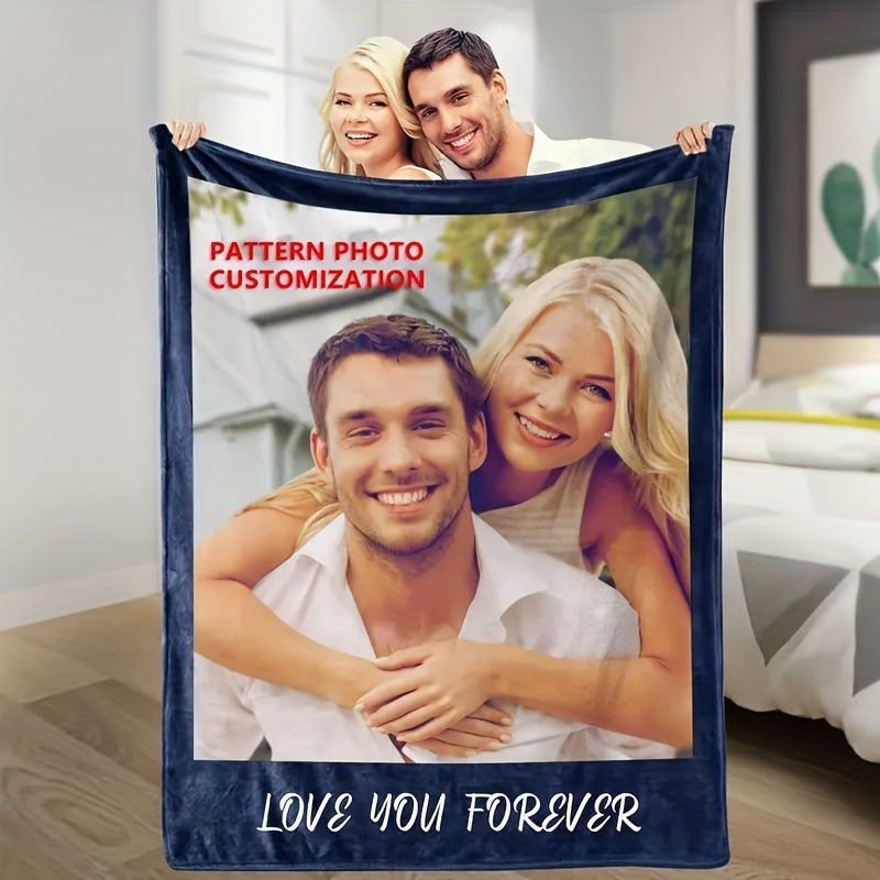 Personalized Throw Blanket with Custom "Love You Forever" Photo - Modern Digital Print, Flannel Weaving, Knitted Craft, All-Season Polyester Fleece, Perfect for Couples Gift, Mother's Day, Father's Day - 1 Piece