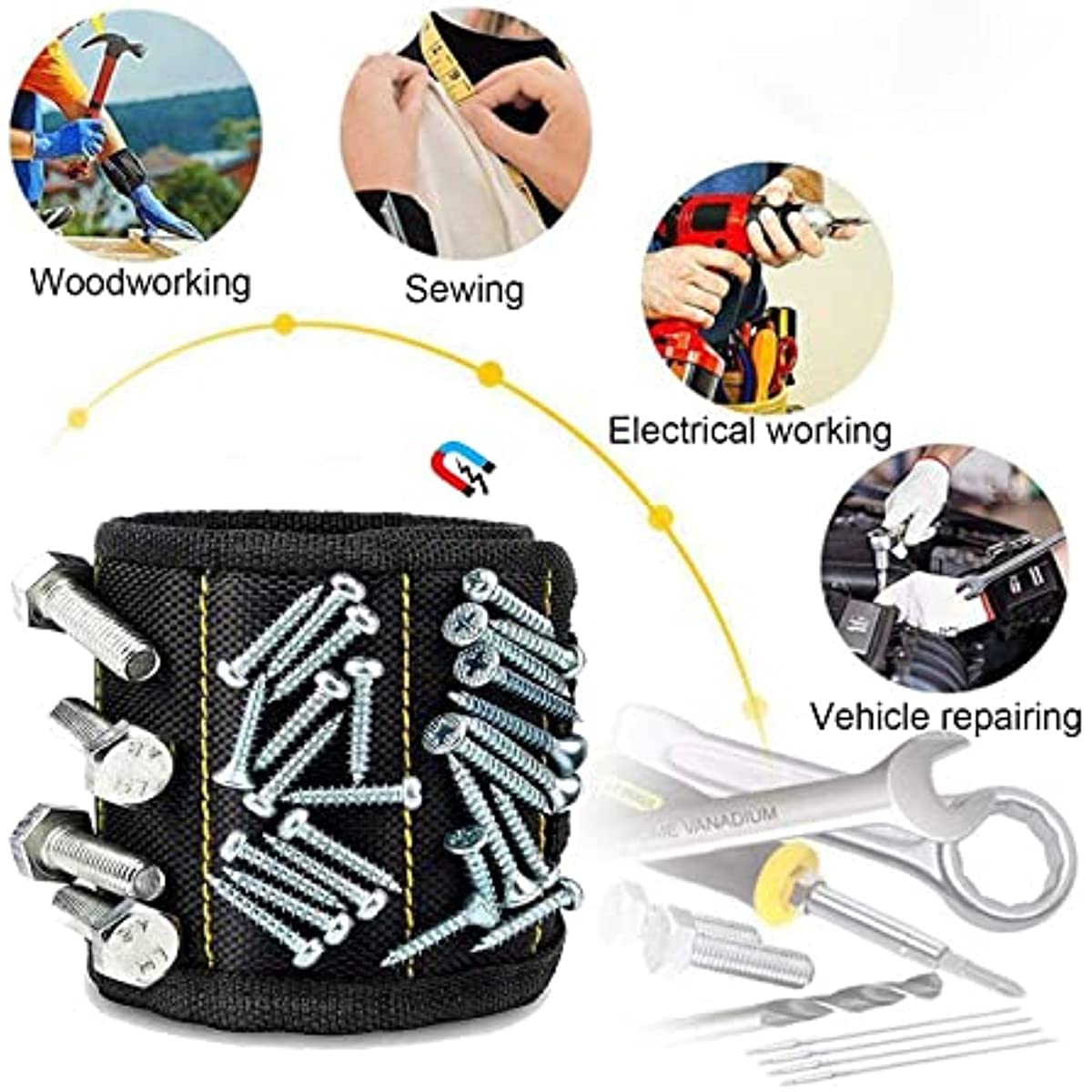 Magnetic tool wristband with strong magnetic nail suction.