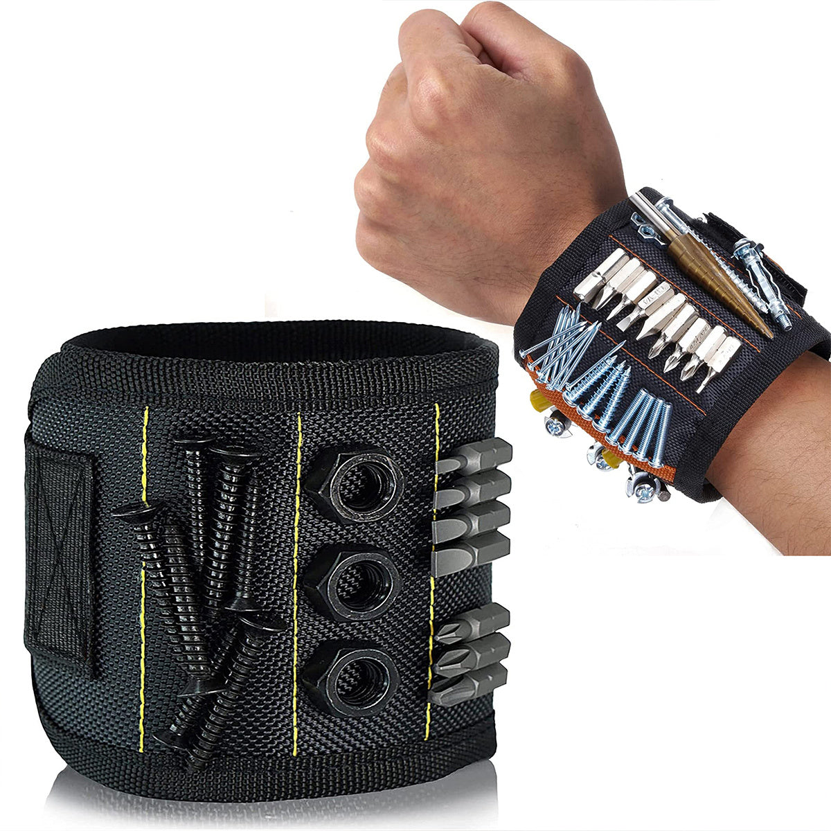 Magnetic tool wristband with strong magnetic nail suction.