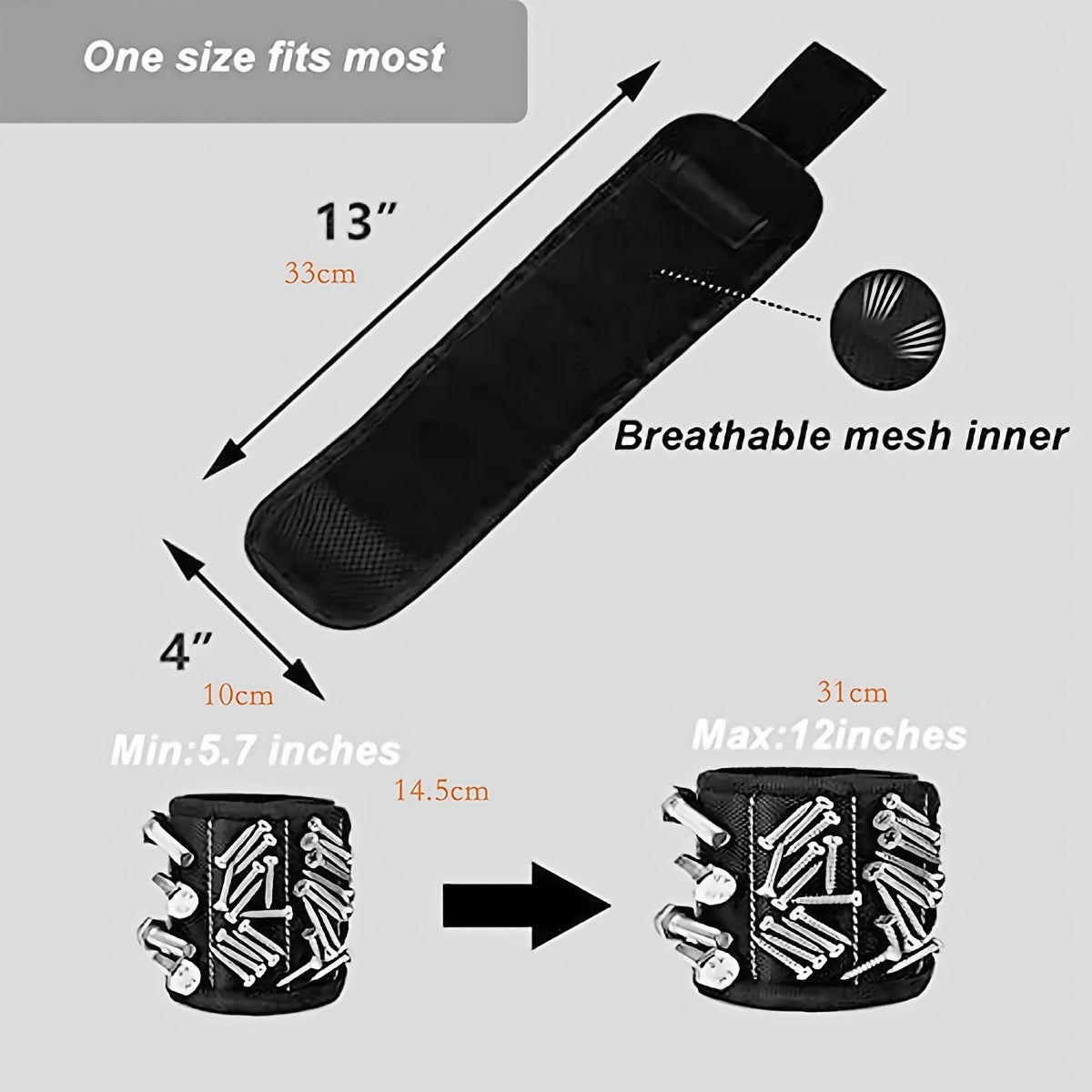 Magnetic tool wristband with strong magnetic nail suction.