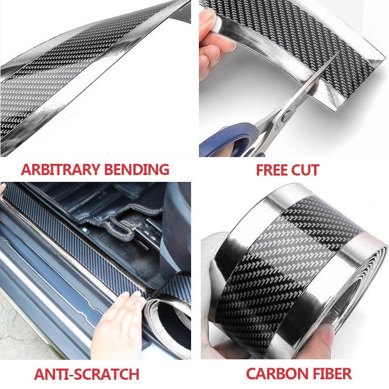 Car door sill protection strip with carbon fiber design to prevent scratches and add style to your vehicle.