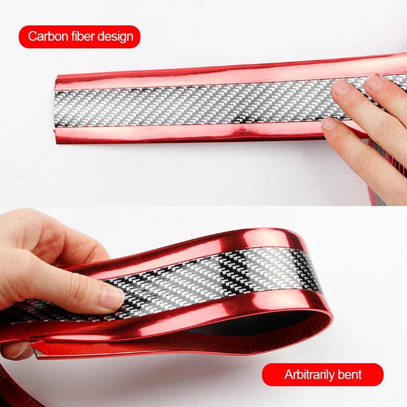 Car door sill protection strip with carbon fiber design to prevent scratches and add style to your vehicle.