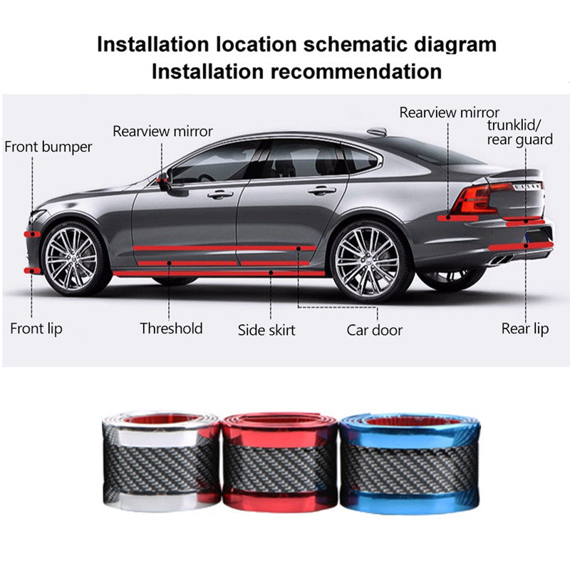 Car door sill protection strip with carbon fiber design to prevent scratches and add style to your vehicle.